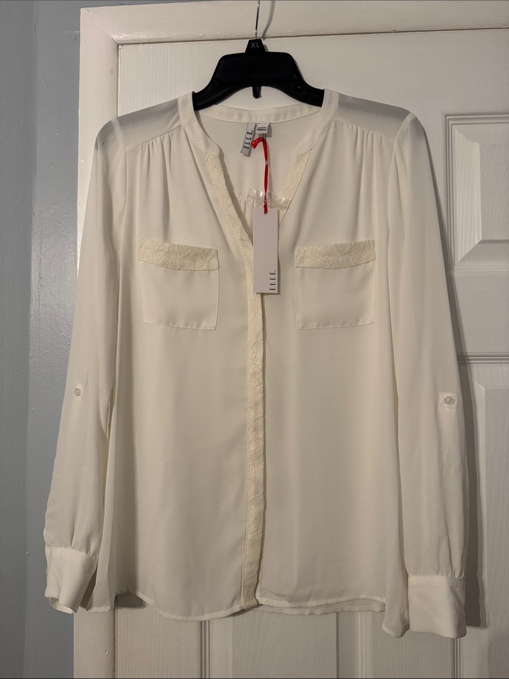 Elle Cream Lace-Trim Button Front Blouse